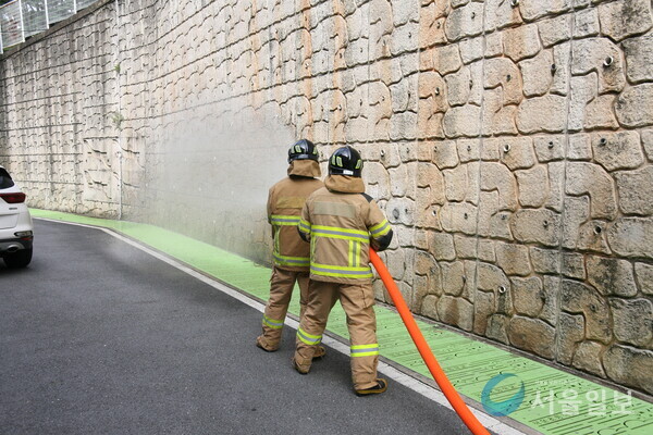 (사진/고영준기자) 광주 동부소방서 용산119안전센터 소방관들이 담을 타고 넘어온 화재를 가상하여 방수훈련을 진행하고 있다.